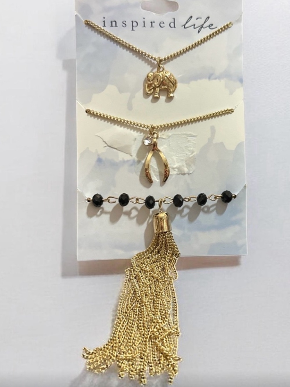 INSPIRED LIFE Gold Layered Elephant Necklace 3 Pc Set with Black Beads NEW